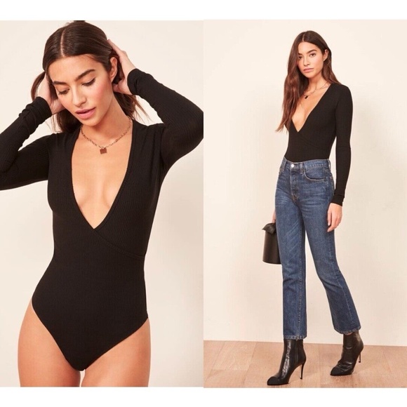 Reformation Tops - Reformation Becky Ribbed Plunge V Neck Bodysuit